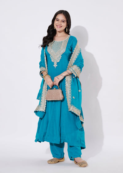 Rama Blue Chinnon Anarkali Suit