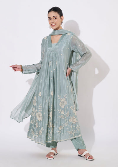 Dusty Blue Silk Anarkali Suit