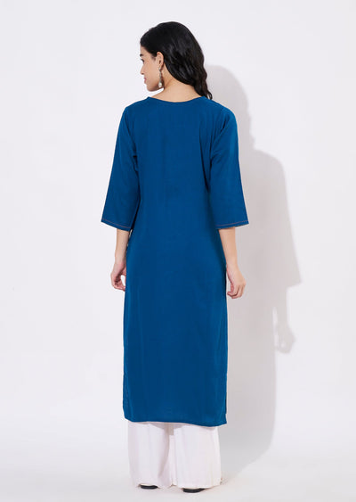 Teal Blue Cotton Straight cut Kurti
