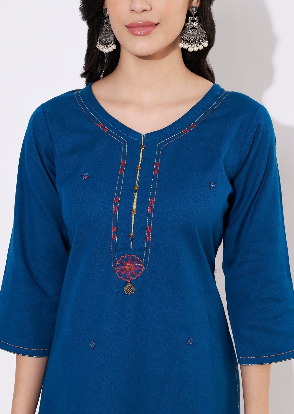 Teal Blue Cotton Straight cut Kurti