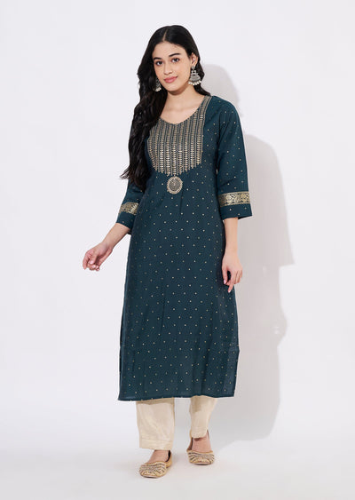 Green Muslin Straight cut Kurti