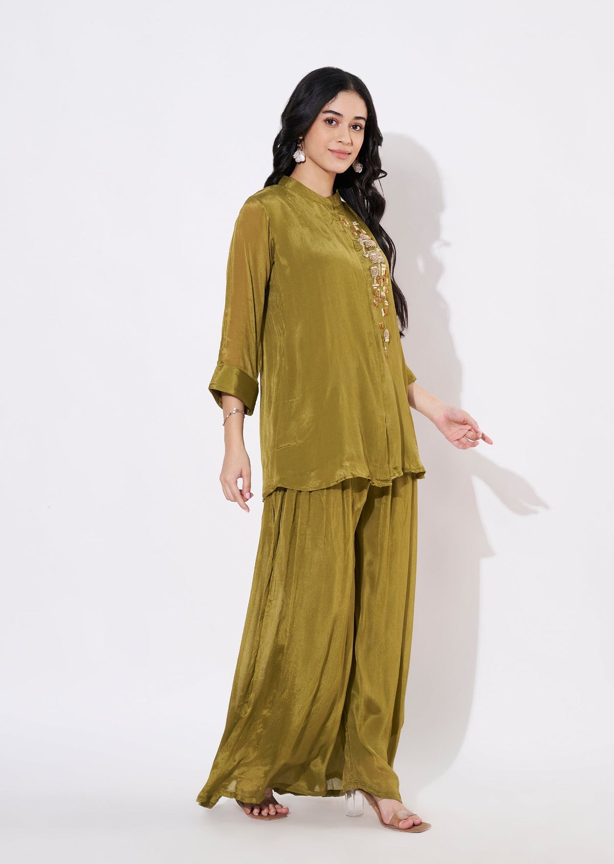 Olive Green Chinnon Fusion wear kurti