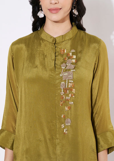 Olive Green Chinnon Fusion wear kurti