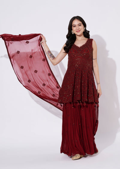 Maroon Georgette Sharara Set