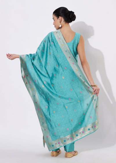 Light Blue Silk Straight cut suit