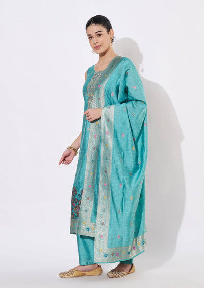 Light Blue Silk Straight cut suit