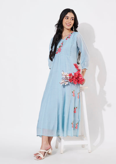 Dusty Blue Mul Chanderi Frock style kurti