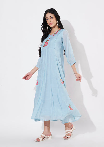Dusty Blue Mul Chanderi Frock style kurti