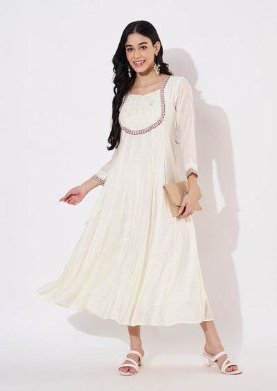 Cream Mul Chanderi Frock style kurti
