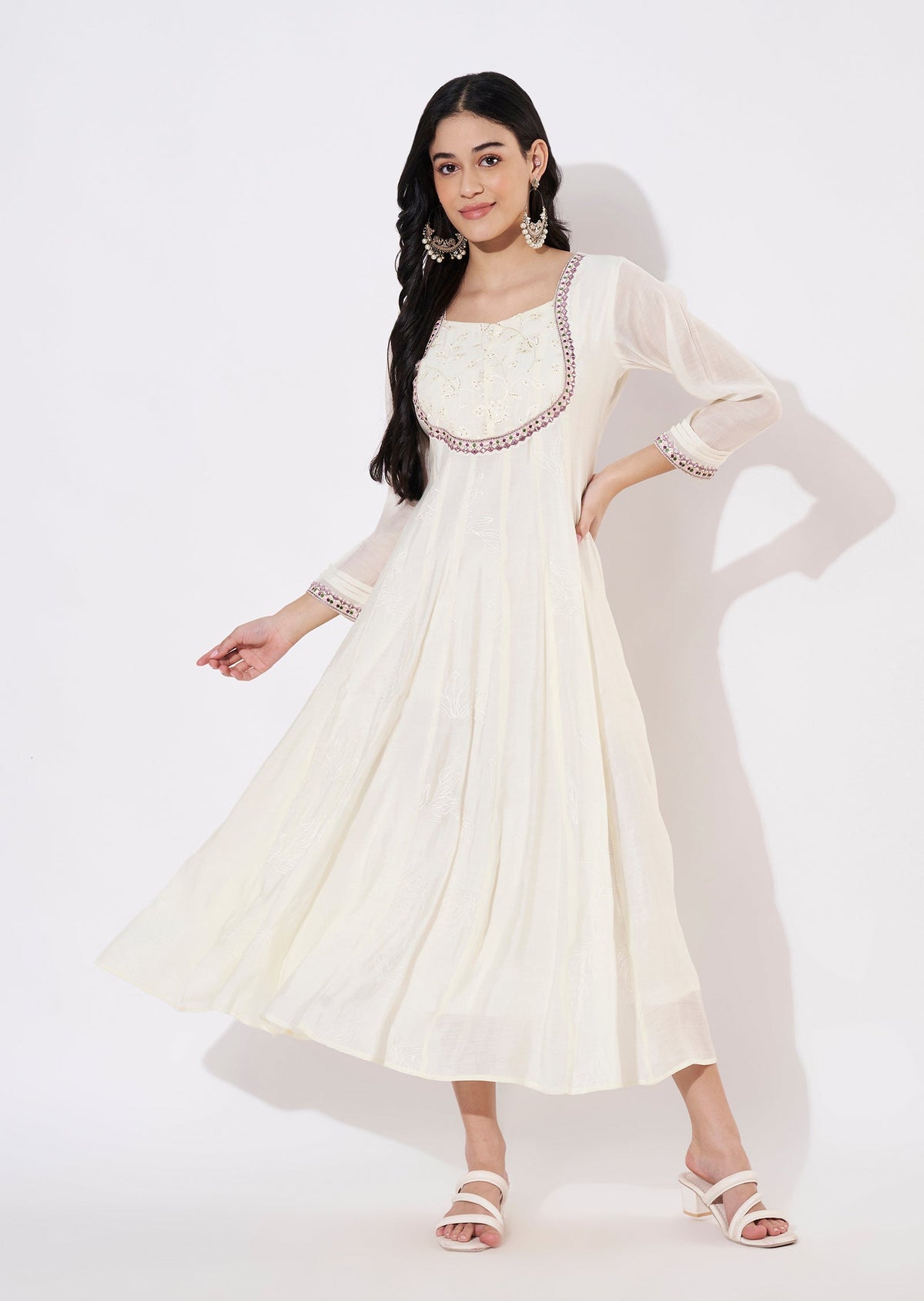Cream Mul Chanderi Frock style kurti