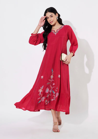 Rani Pink Mul Chanderi Frock style kurti