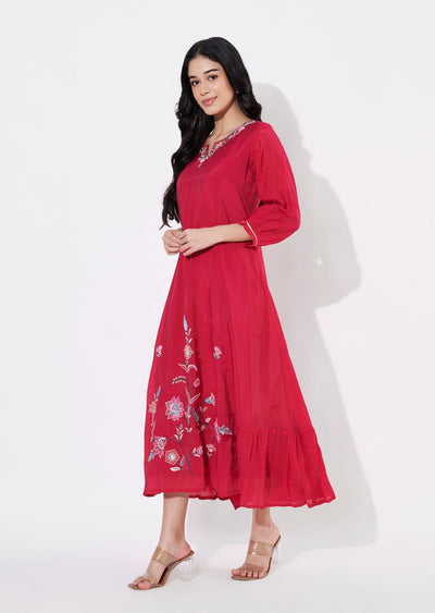 Rani Pink Mul Chanderi Frock style kurti