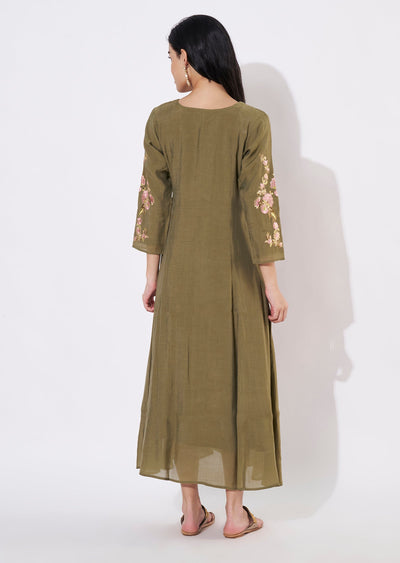 Olive Green Mul Chanderi Frock style kurti