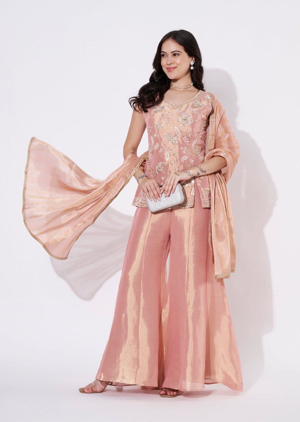 Peach Tissue Sharara Set