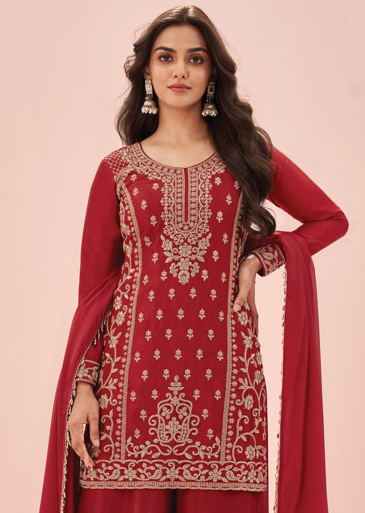 Red Chinnon Sharara Set
