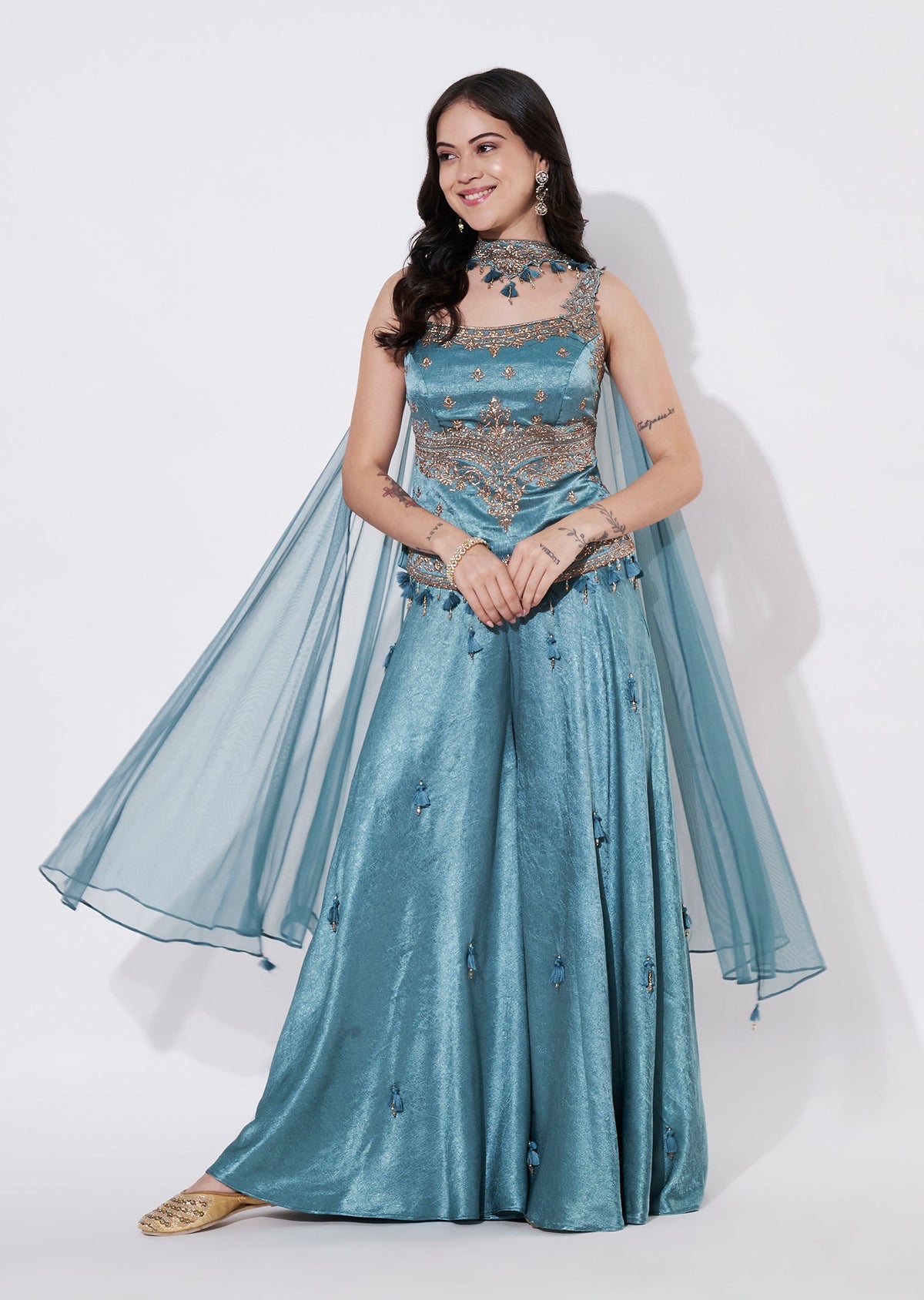 Dusty Blue Silk Sharara Set