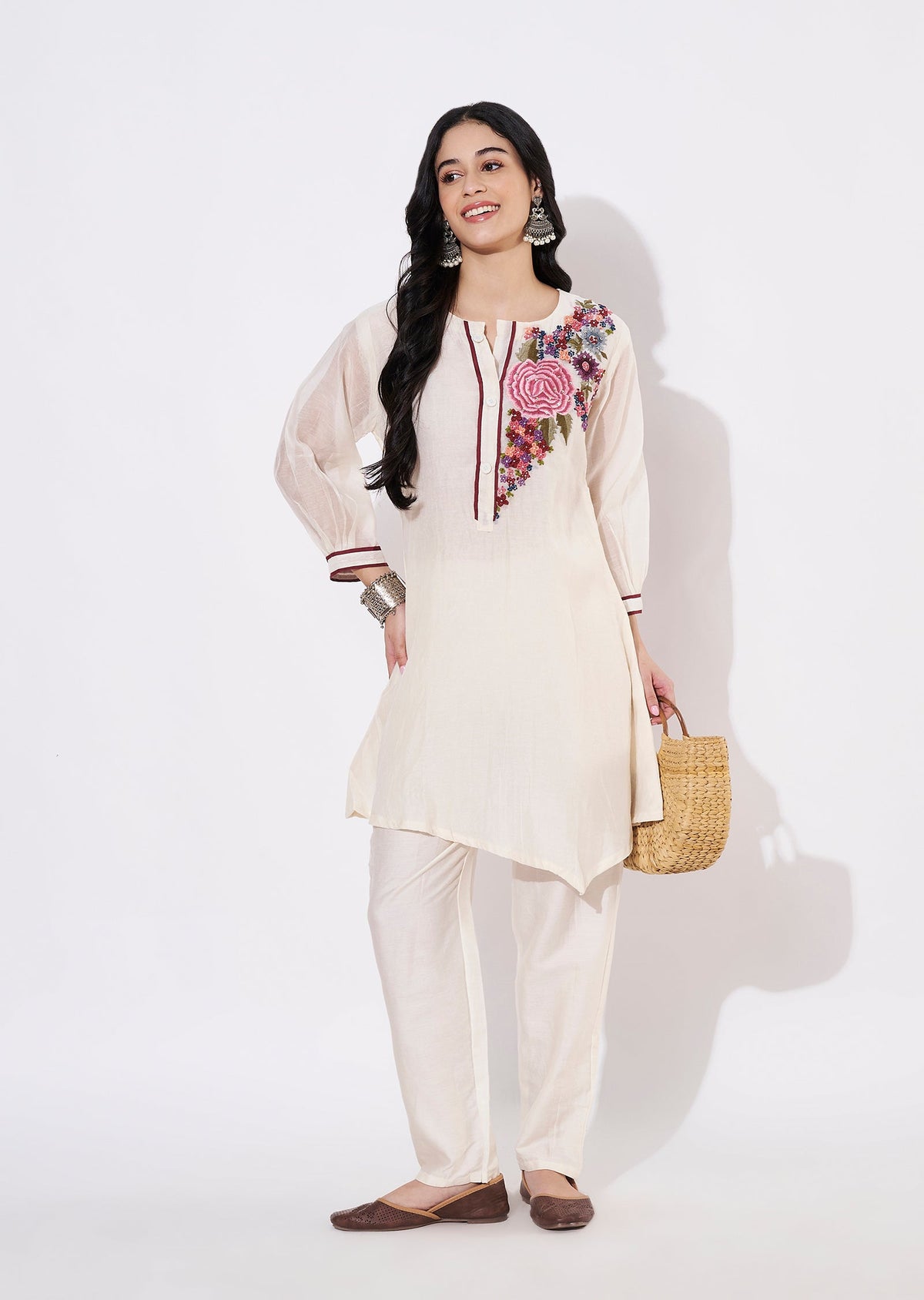 Cream Cotton Fusion wear kurti
