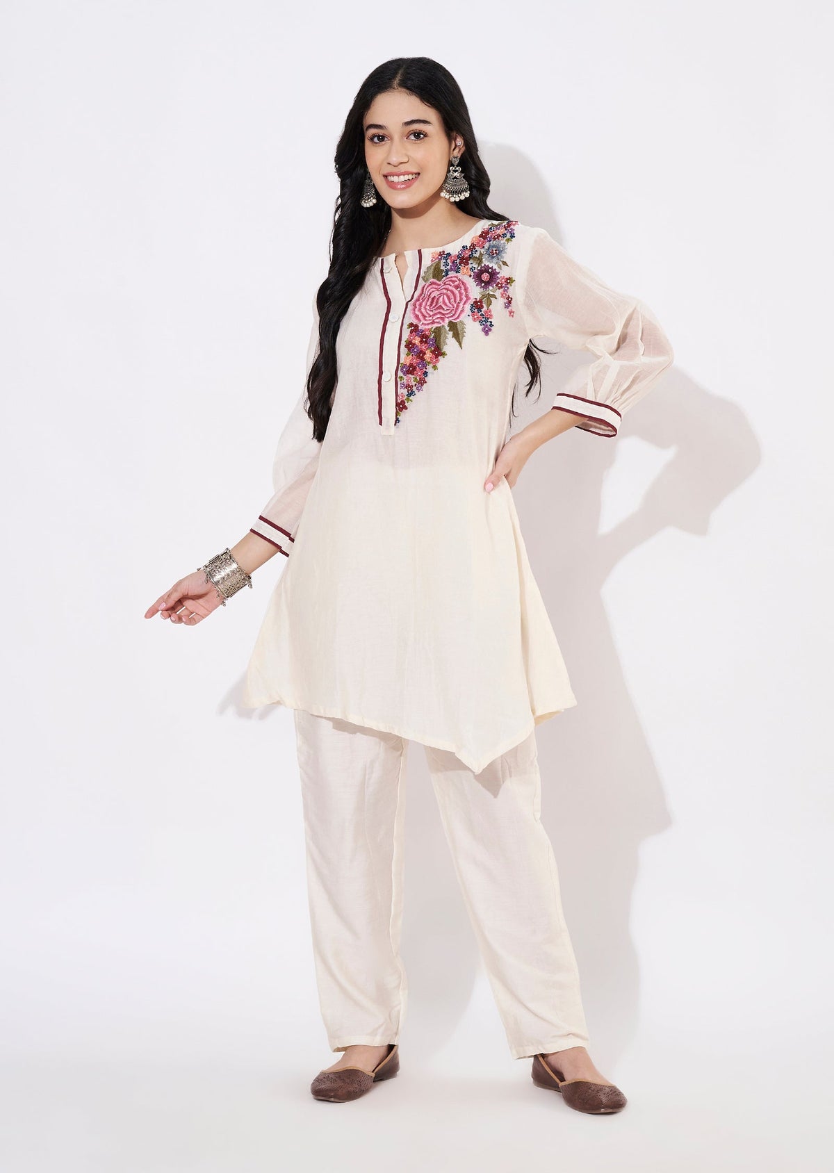 Cream Cotton Fusion wear kurti