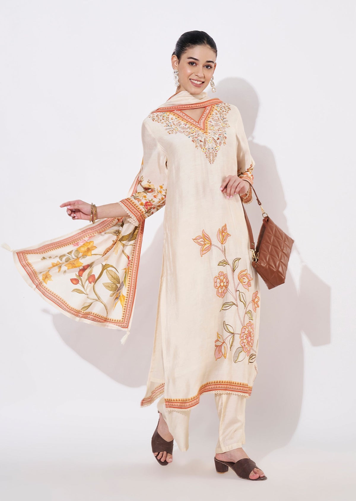 Beige Silk Straight cut suit