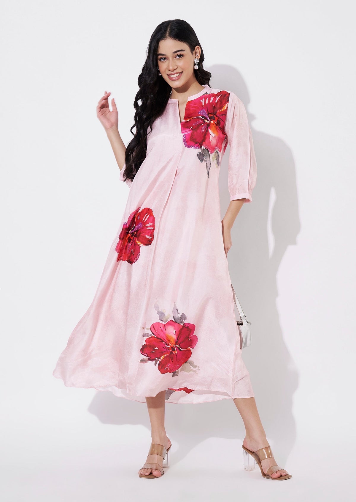 Baby Pink Dola Silk Frock style kurti