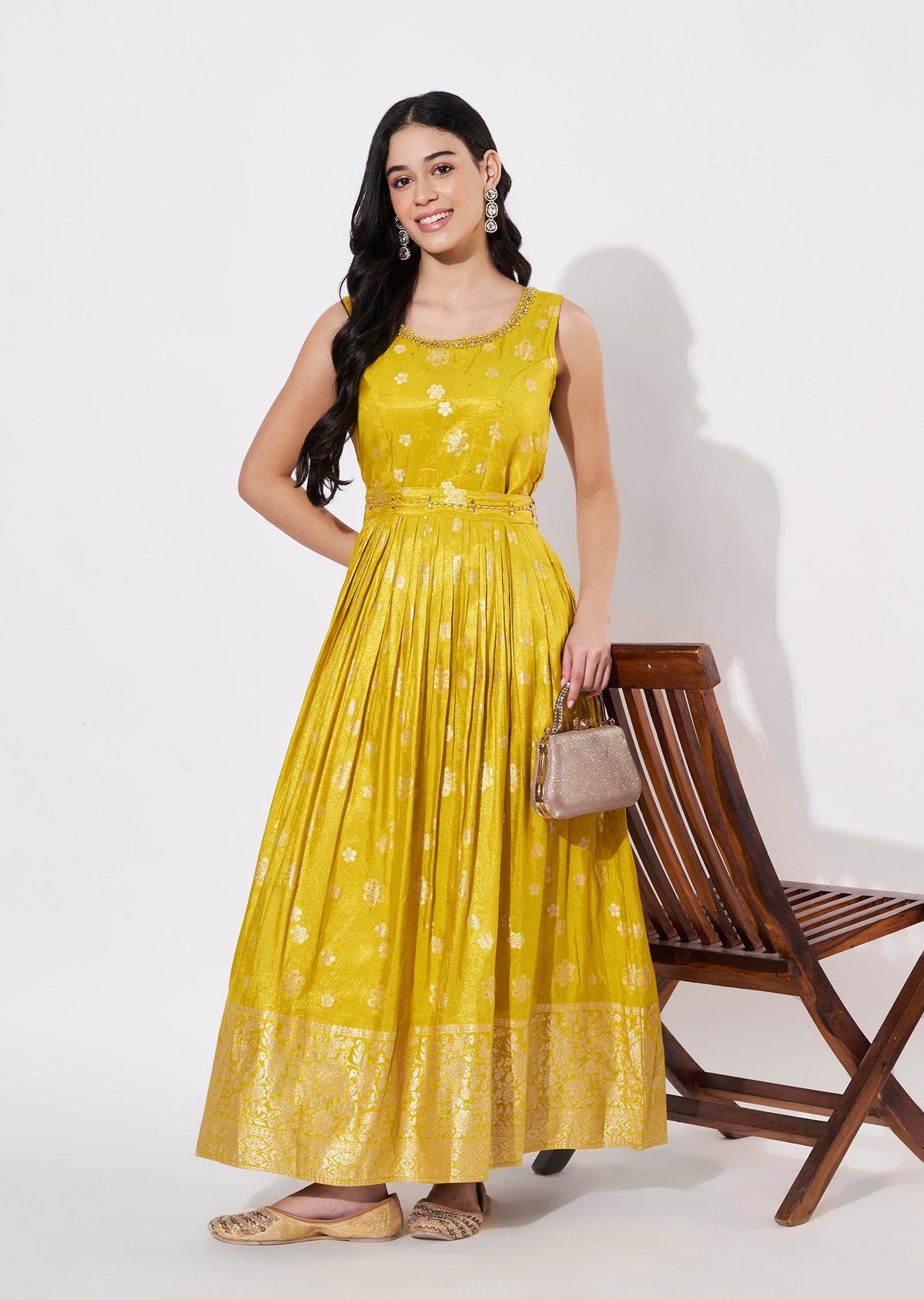 Mustard Banaras Long Kurti