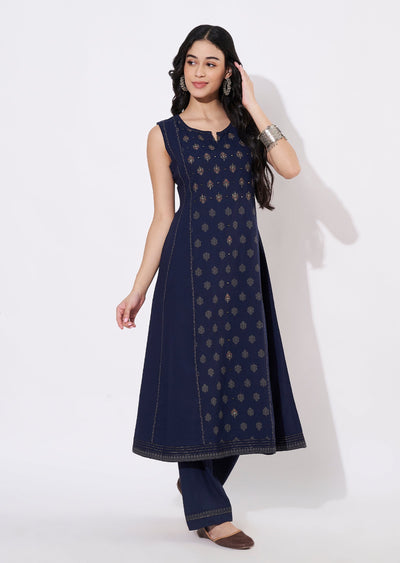 Navy Blue Gold Fusion wear kurti