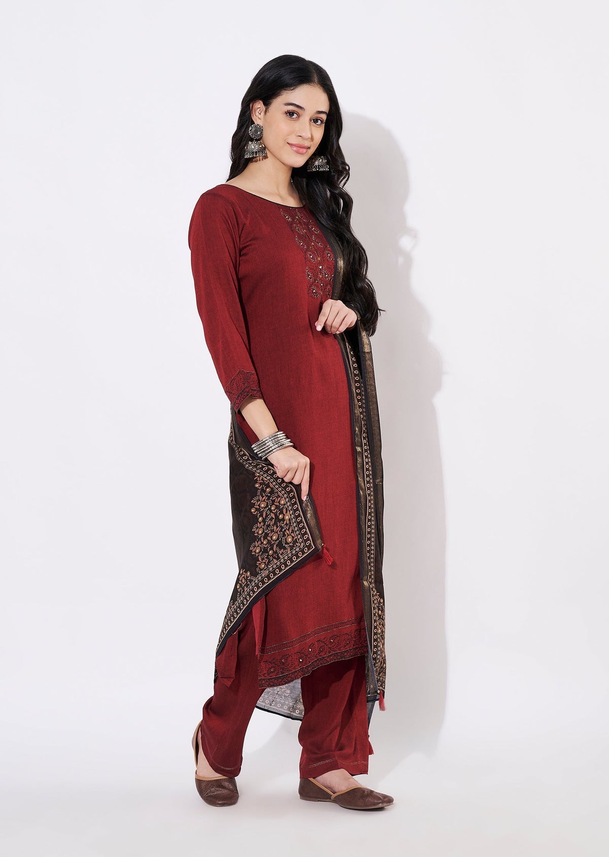 Maroon Silk Straight cut suit