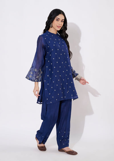 Navy Blue Chanderi Fusion wear kurti