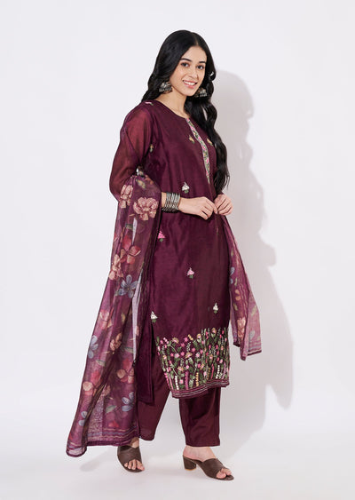 Wine Chanderi Straight cut suit