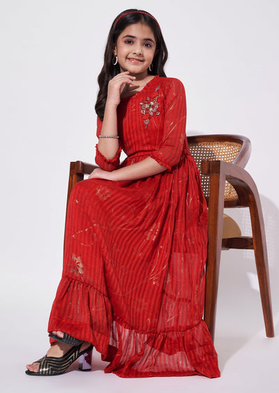 Red Chiffon Ethnic Gown