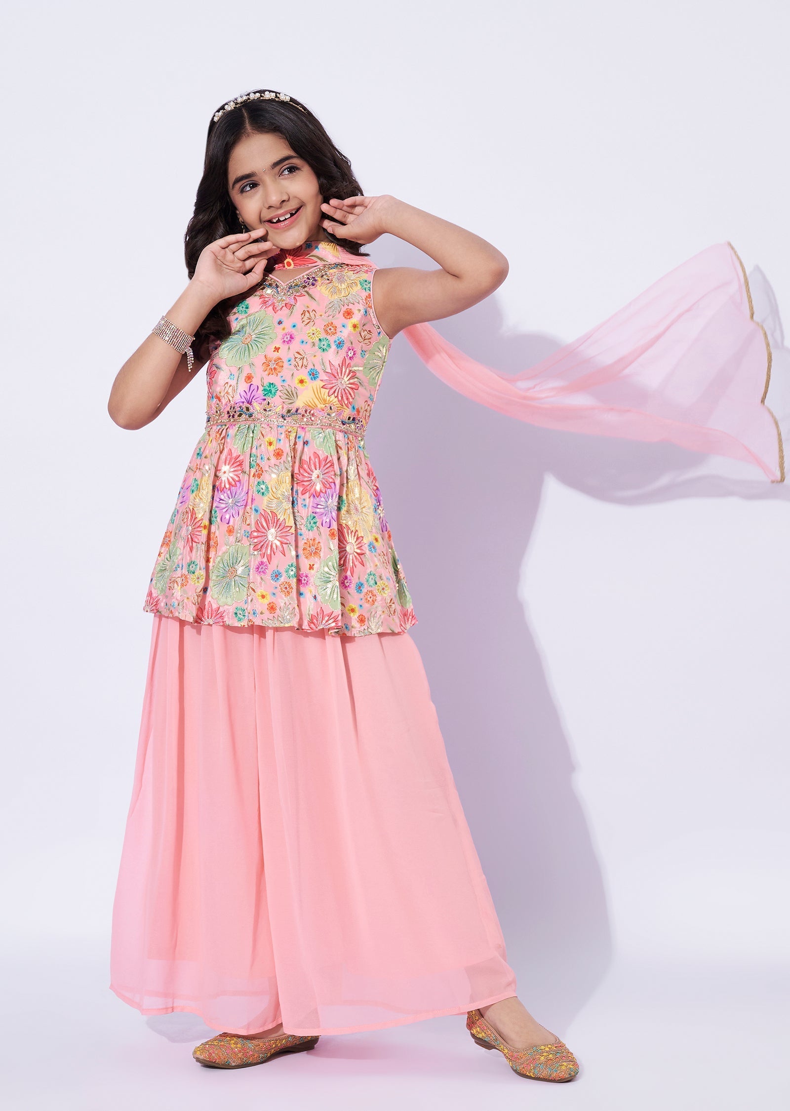 Peach Crepe Girls Sharara