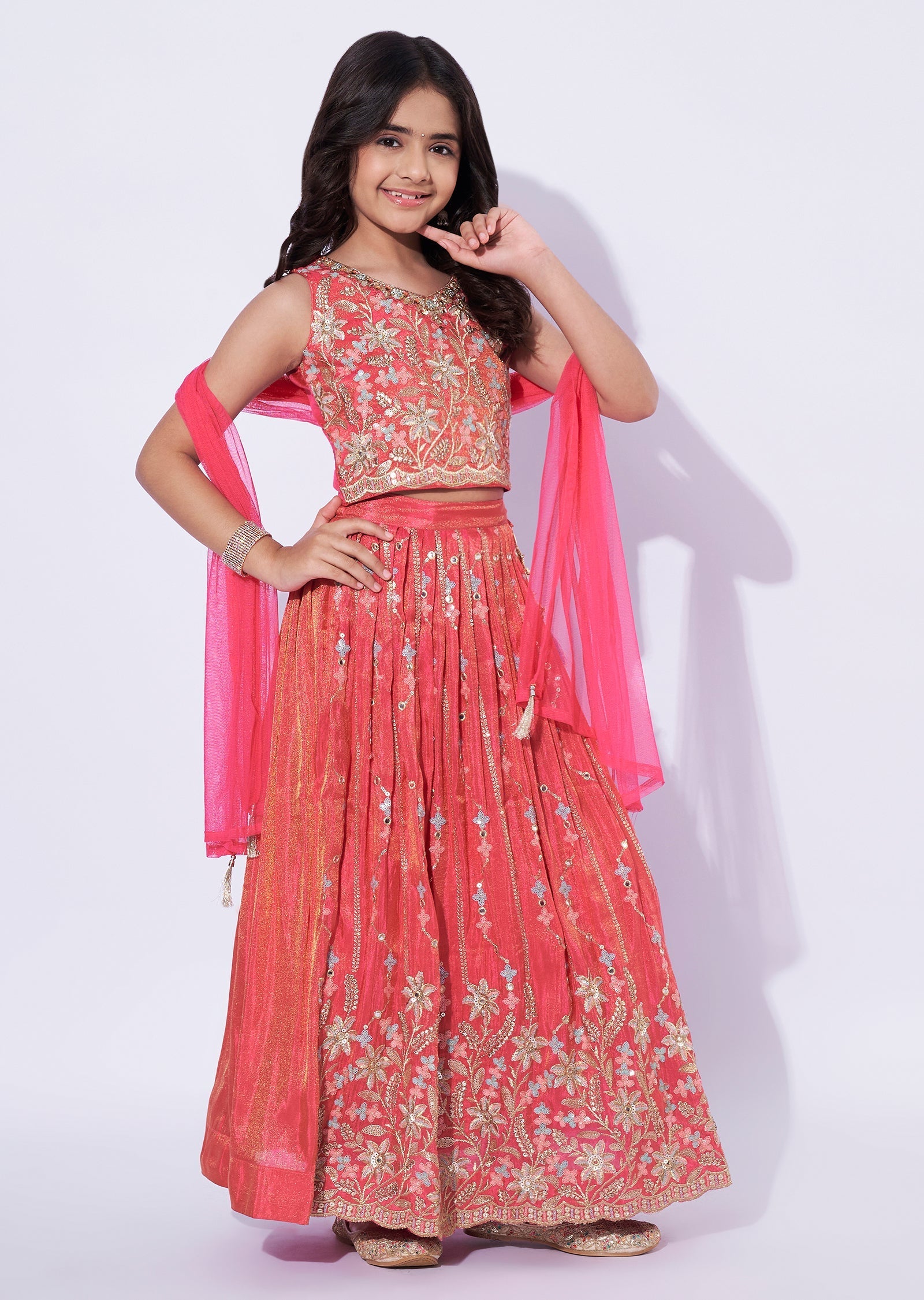 Pink Tissue Girls Ghagra Choli
