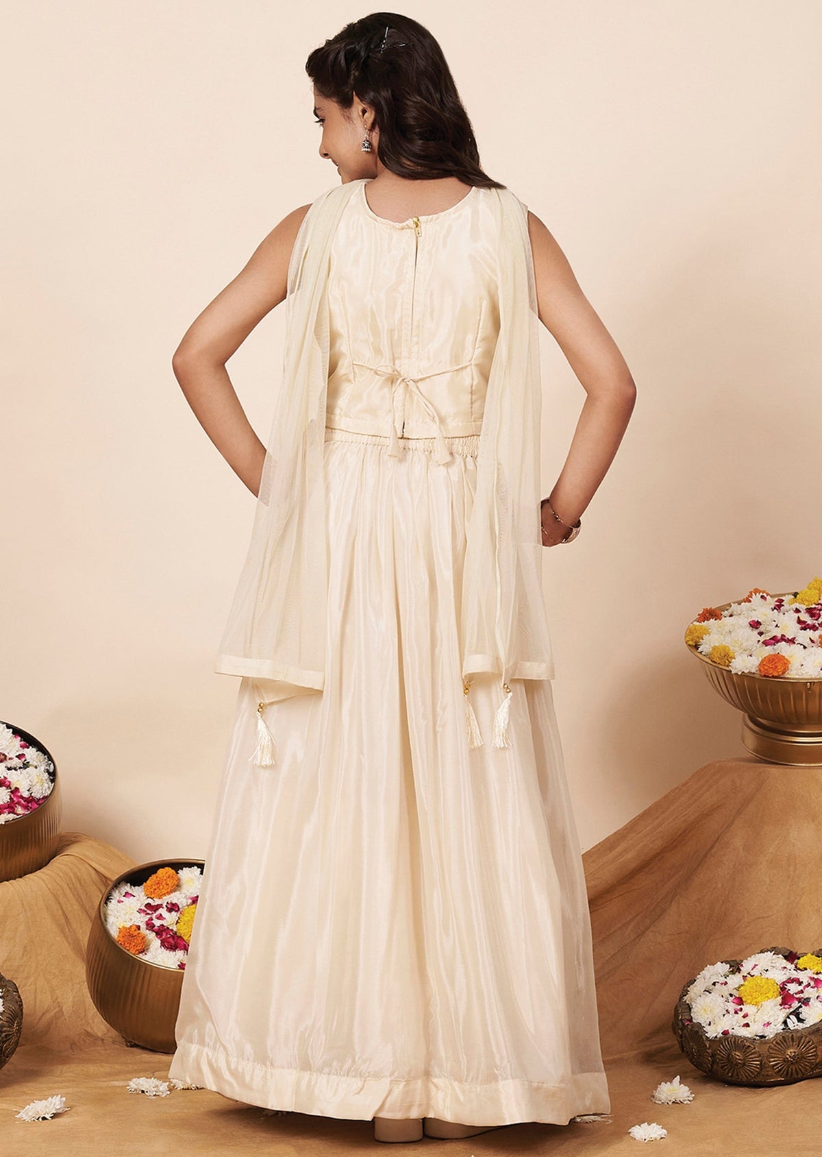 Beige Tissue Girls Ghagra Choli