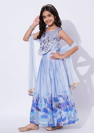 Blue chinnon Girls Ghagra Choli