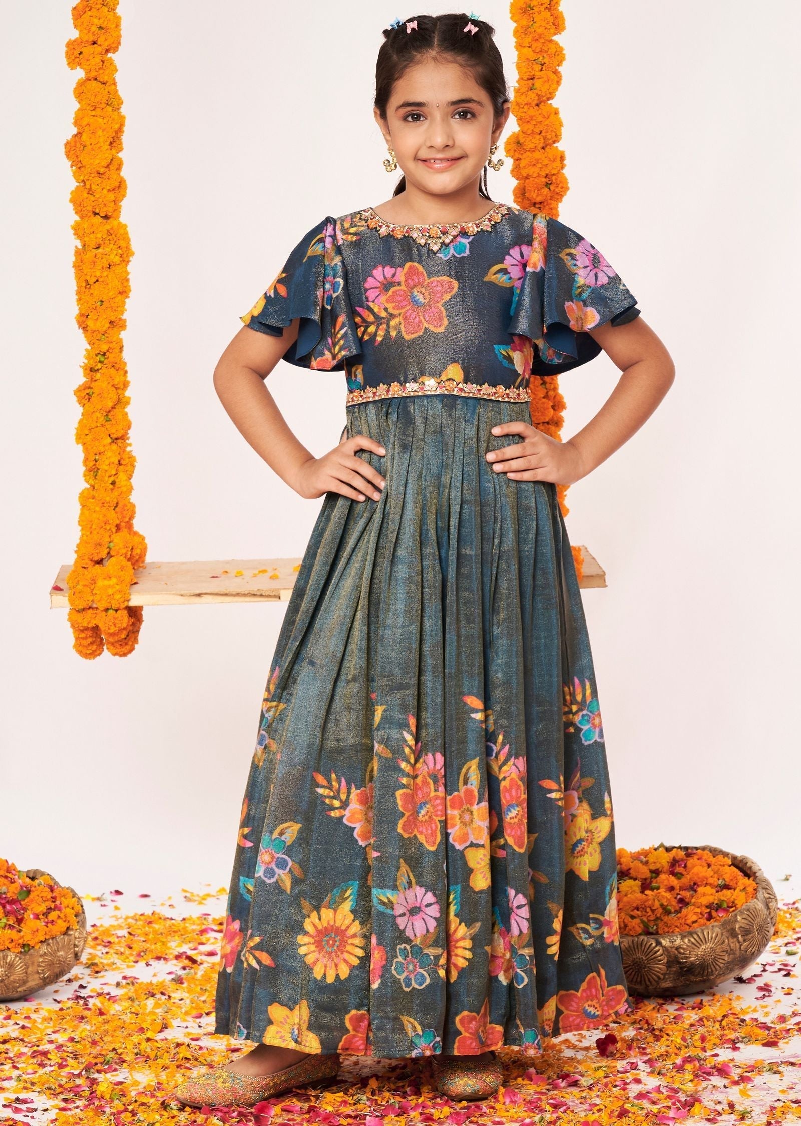 Teal Blue Tissue Ethnic Gown