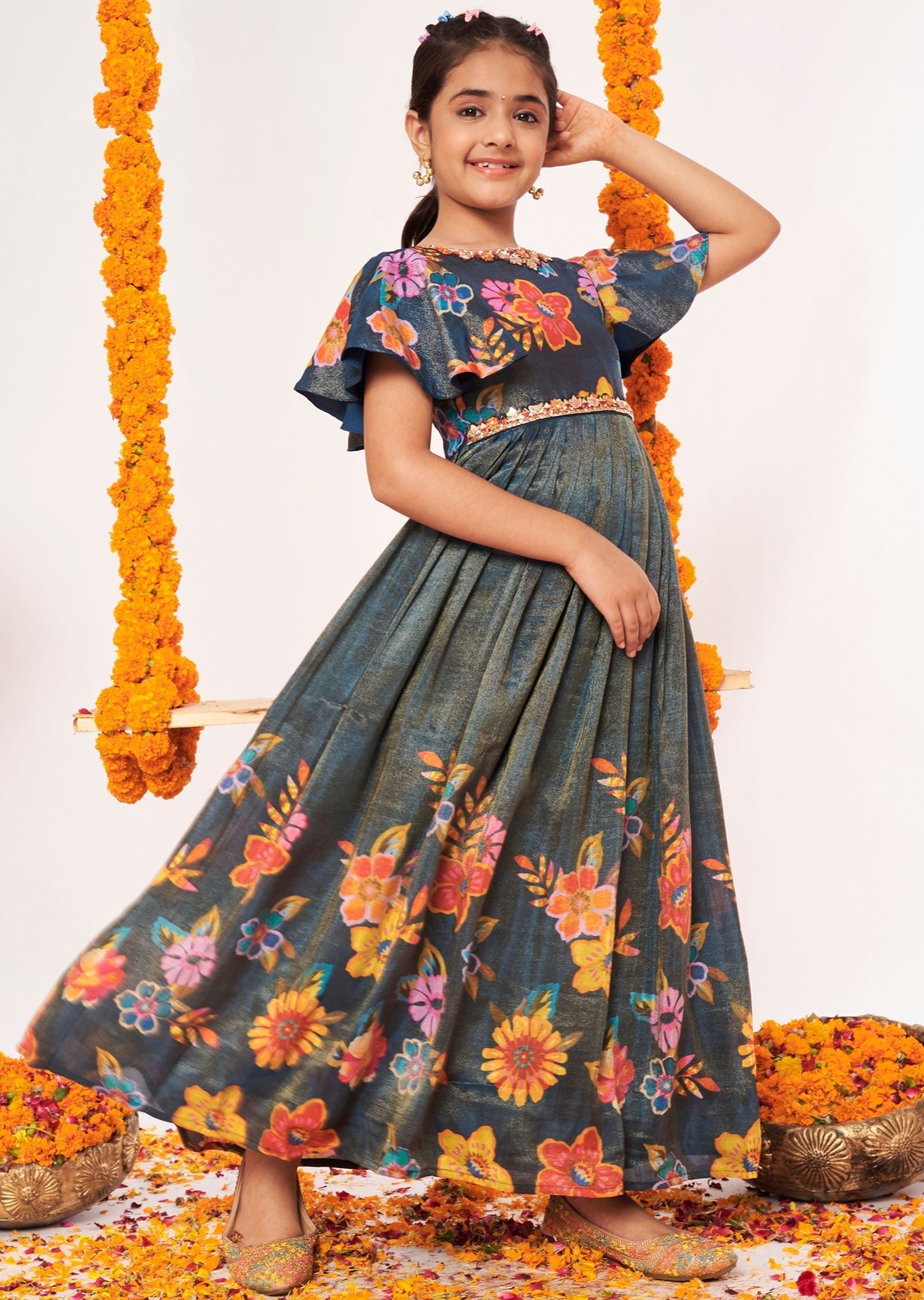 Teal Blue Tissue Ethnic Gown