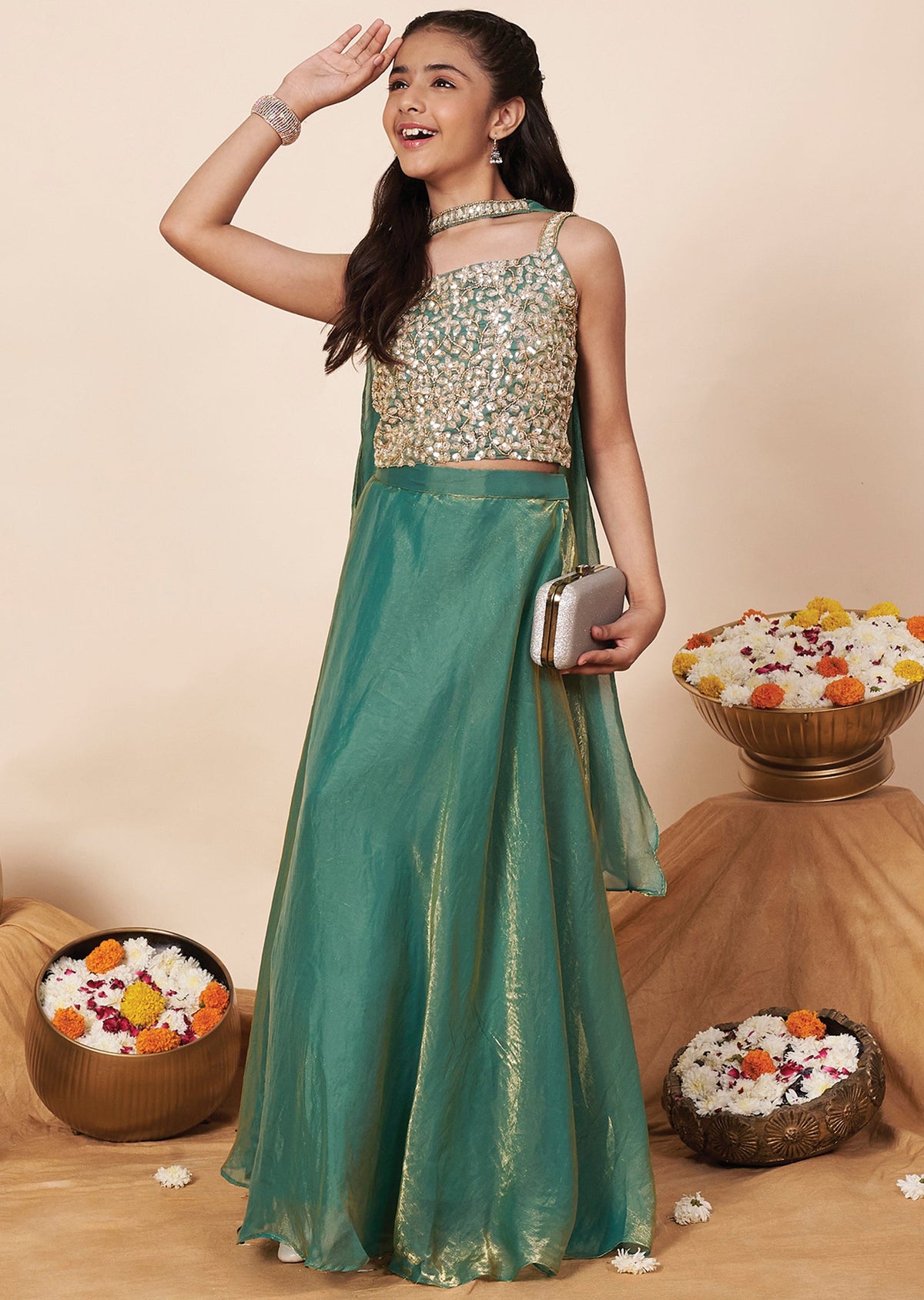 Green Tissue Girls Ghagra Choli
