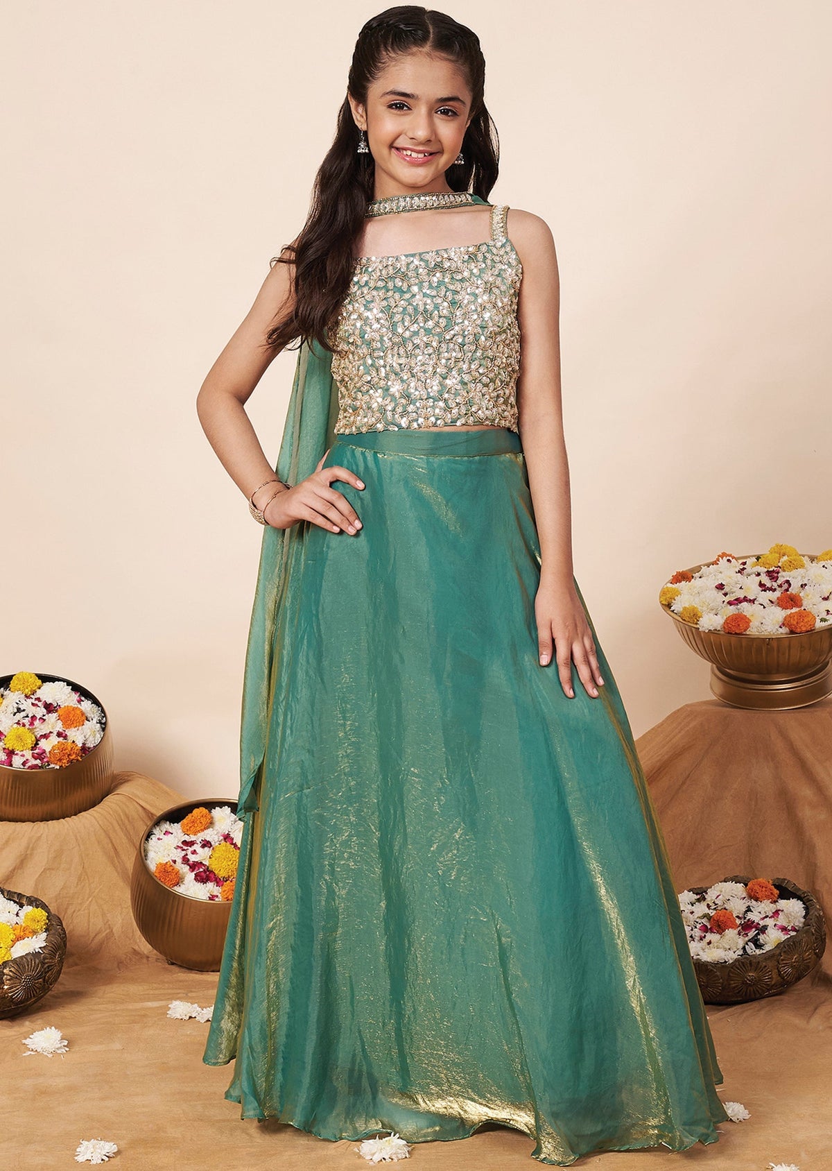 Green Tissue Girls Ghagra Choli