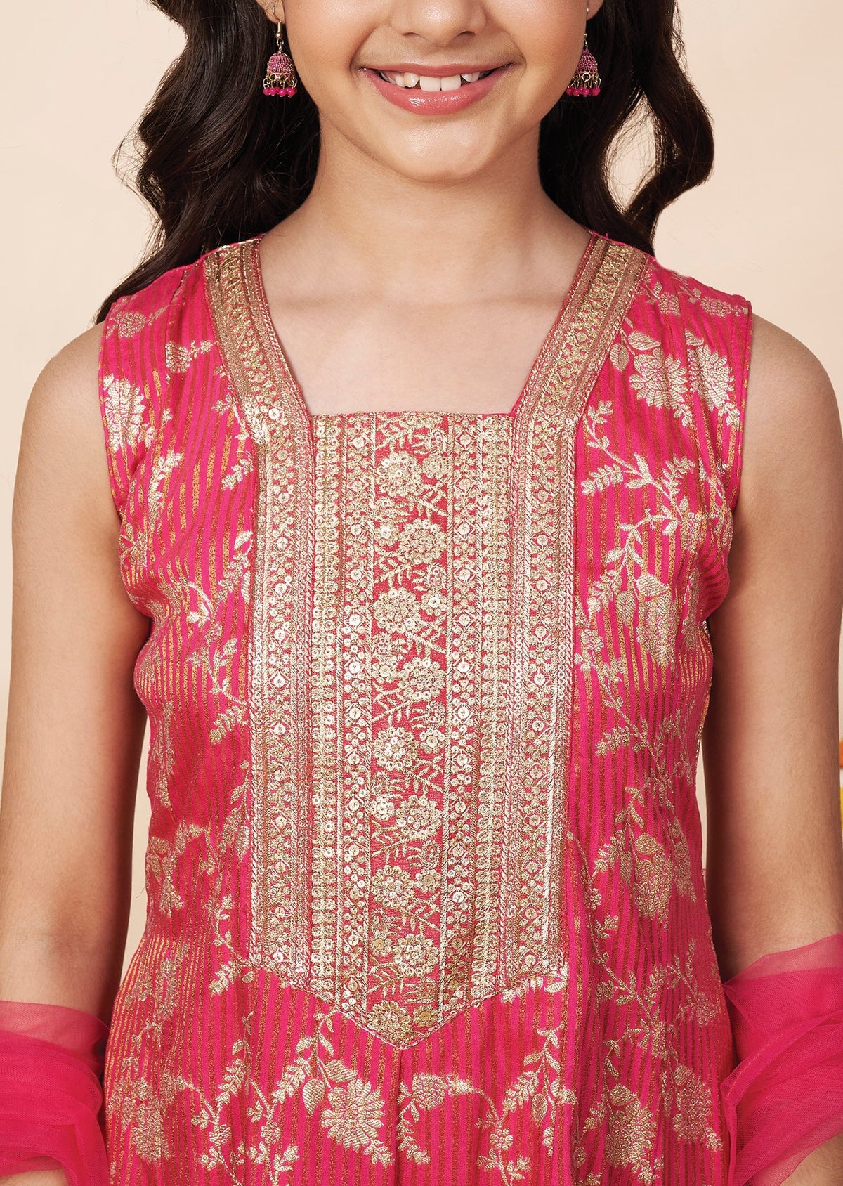 Rani Pink Banaras Girls Anarkali