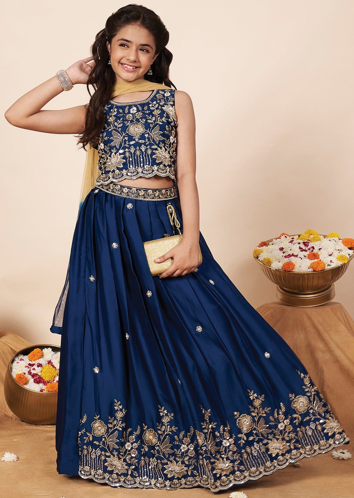 Teal Blue Chiffon Girls Ghagra Choli