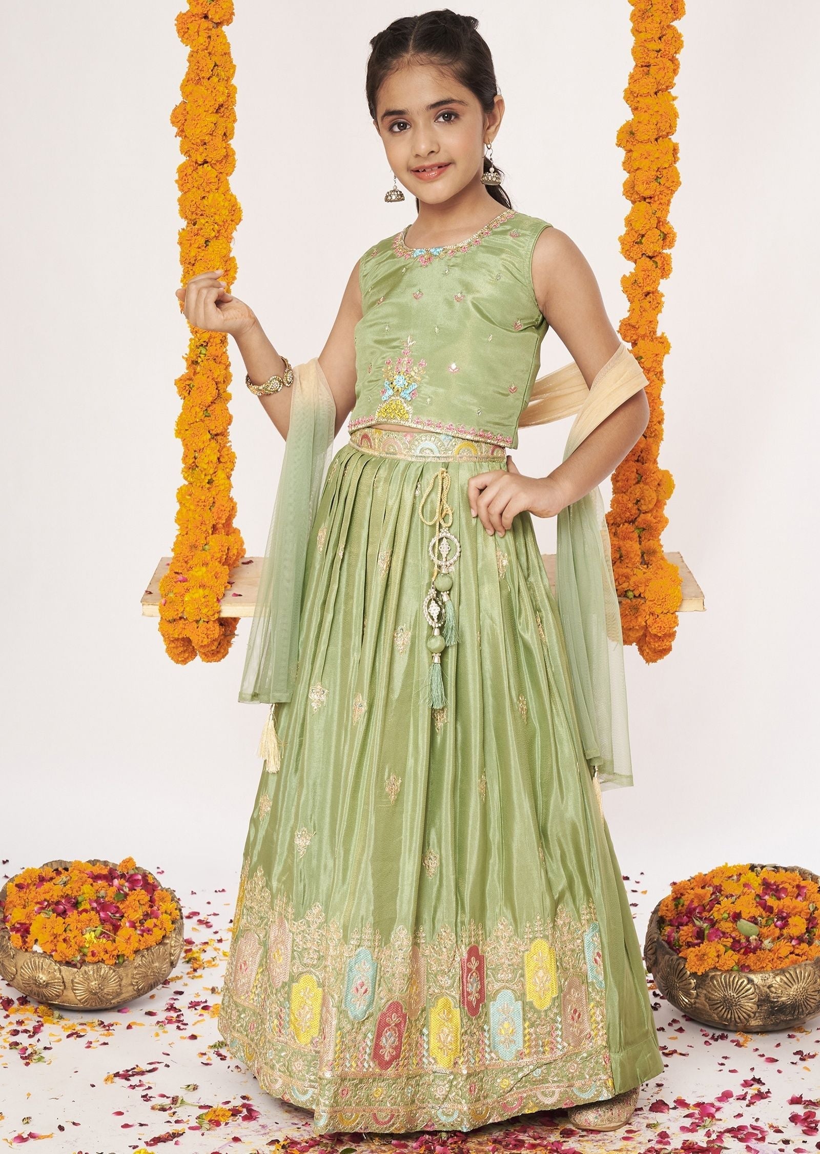 Mehendi Green Tissue Lehenga