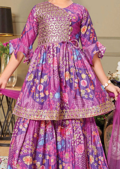 Purple Chinnon Printed Kids Shararas Ghararas