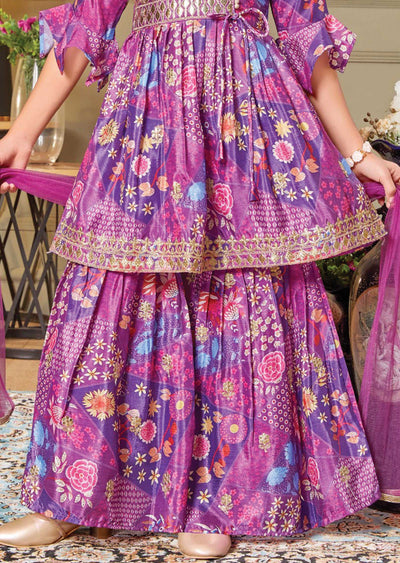 Purple Chinnon Printed Kids Shararas Ghararas