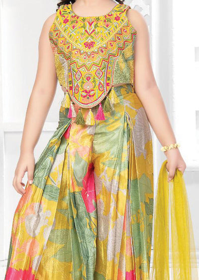 Lime Green Silk/Chinnon/Net Embroidered Kids Shararas Ghararas