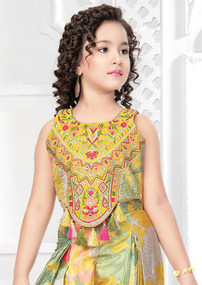 Lime Green Silk/Chinnon/Net Embroidered Kids Shararas Ghararas