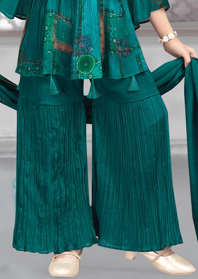 Pickock Green Chinnon Embroidered Kids Shararas Ghararas