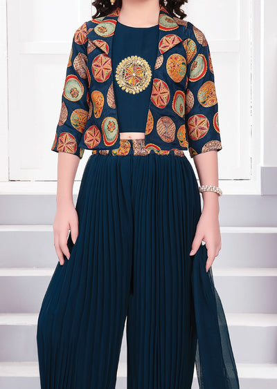 Teal Blue Georgette Co-ord Set for Kids with Short Jacket