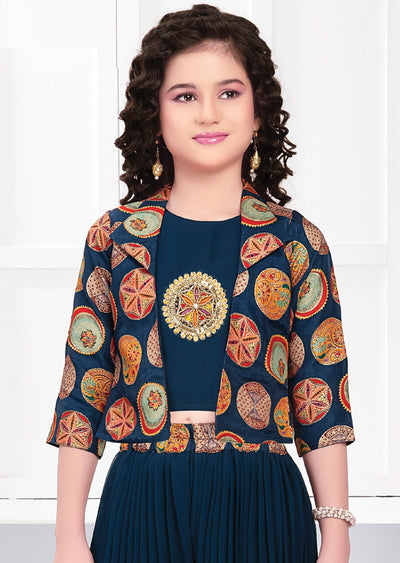 Teal Blue Georgette Co-ord Set for Kids with Short Jacket