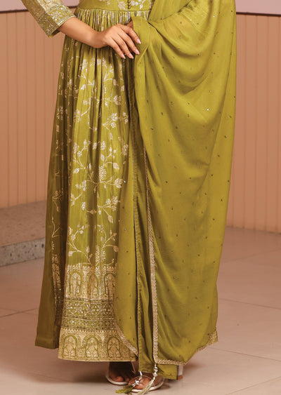 Mehendi Green Banaras Tissue Silk Anarkali Suit