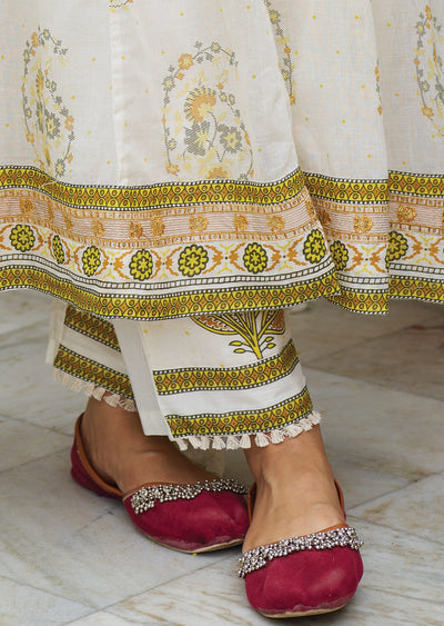 Off White & Yellow Cotton Anarkali Suit